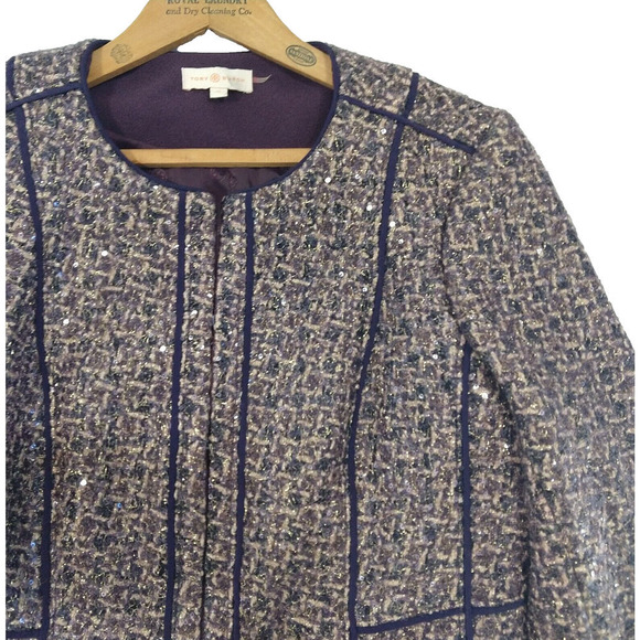 Tory Burch Kennedy Metallic Tweed Jacket Size 12 Purple Plum Sequin Shimmer - Picture 2 of 11